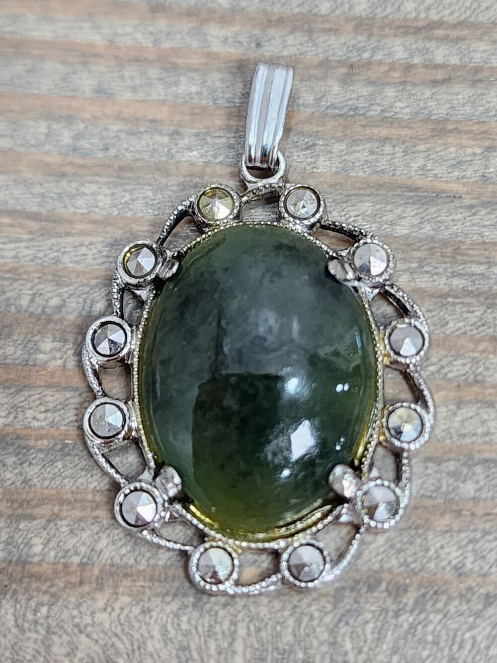 Silver Tone Filigree Oval Moss Green Agate Stone Pendant, Bohemian